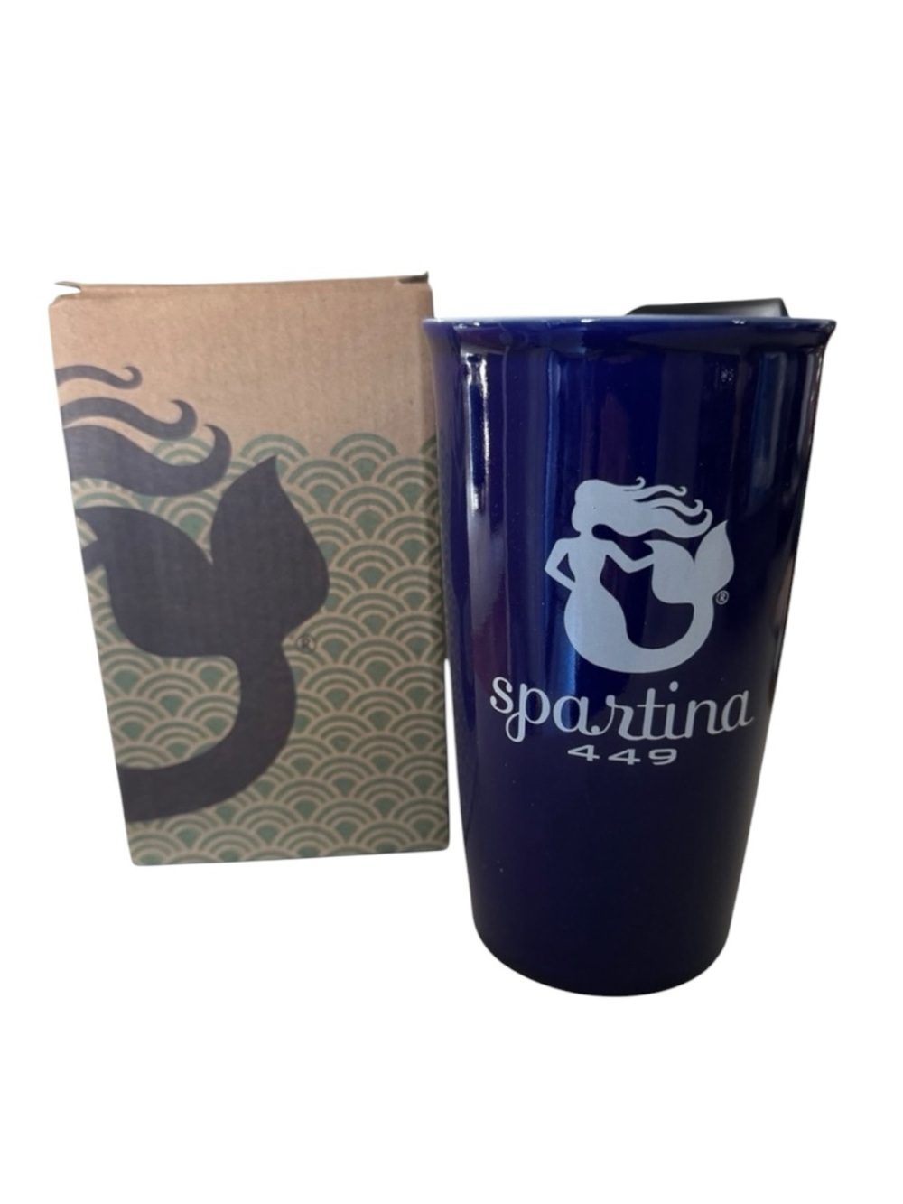 NWT Spartina 449 Ceramic Travel Coffee Mug with Lid Navy 2014
